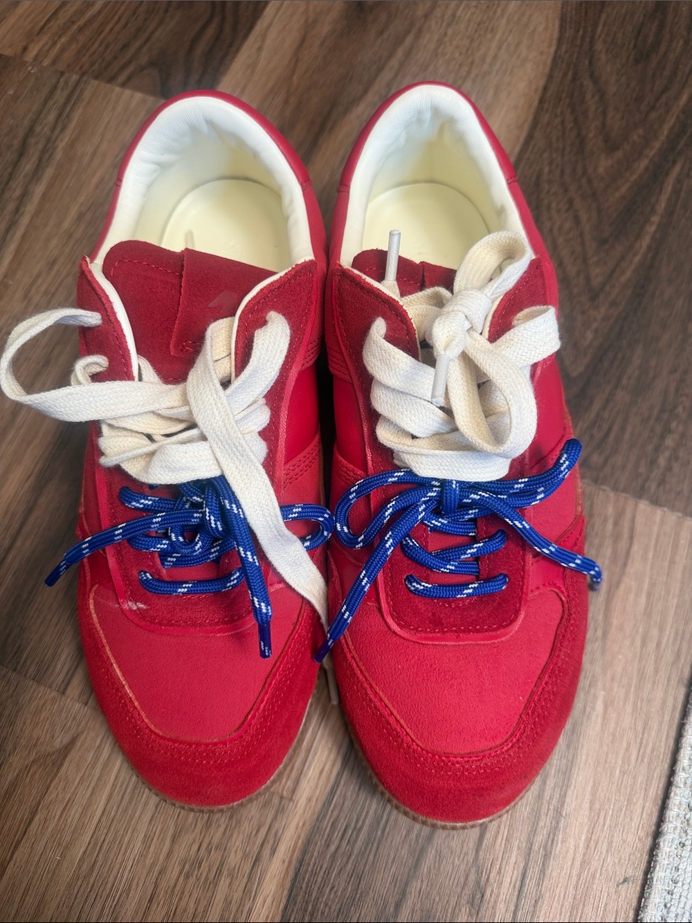 Steve Madden Red Sneakers with Blue & Cream Laces